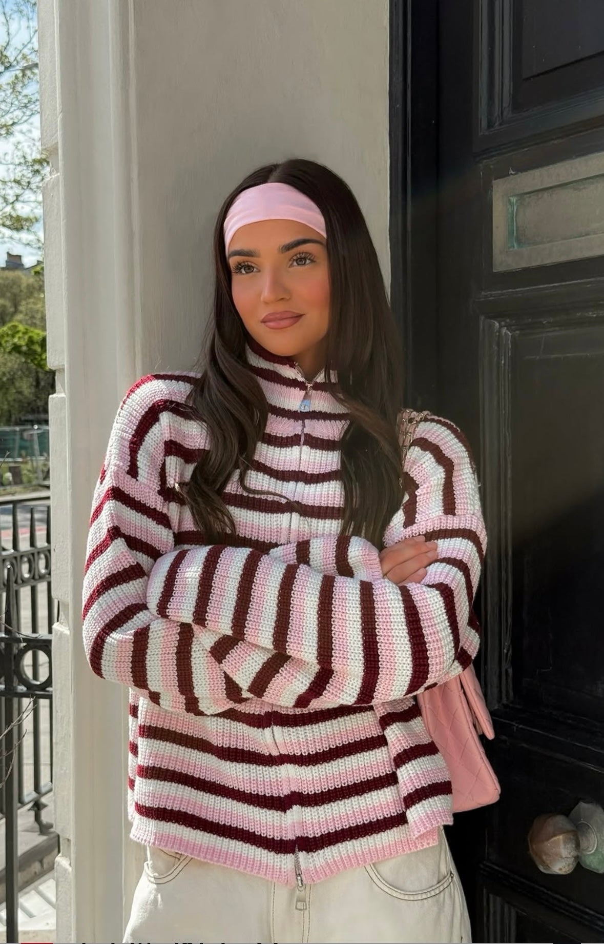 Women's Striped Knit Funnel Neck Zip Jacket With Pockets