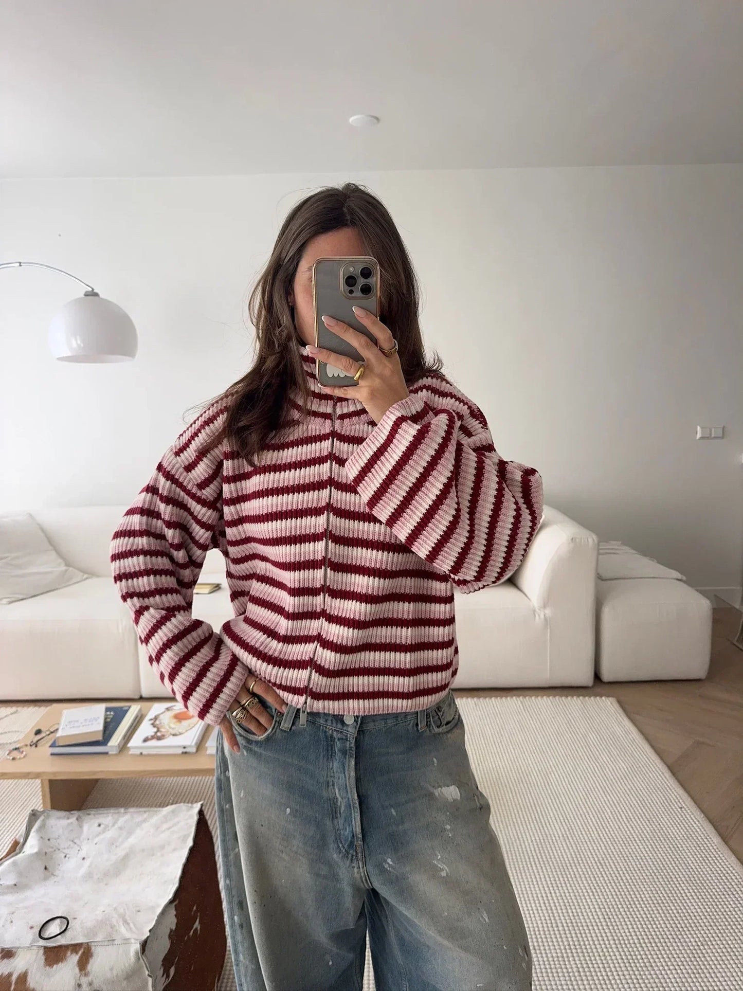 Women's Striped Knit Funnel Neck Zip Jacket With Pockets