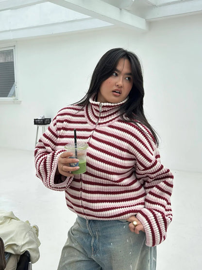 Women's Striped Knit Funnel Neck Zip Jacket With Pockets