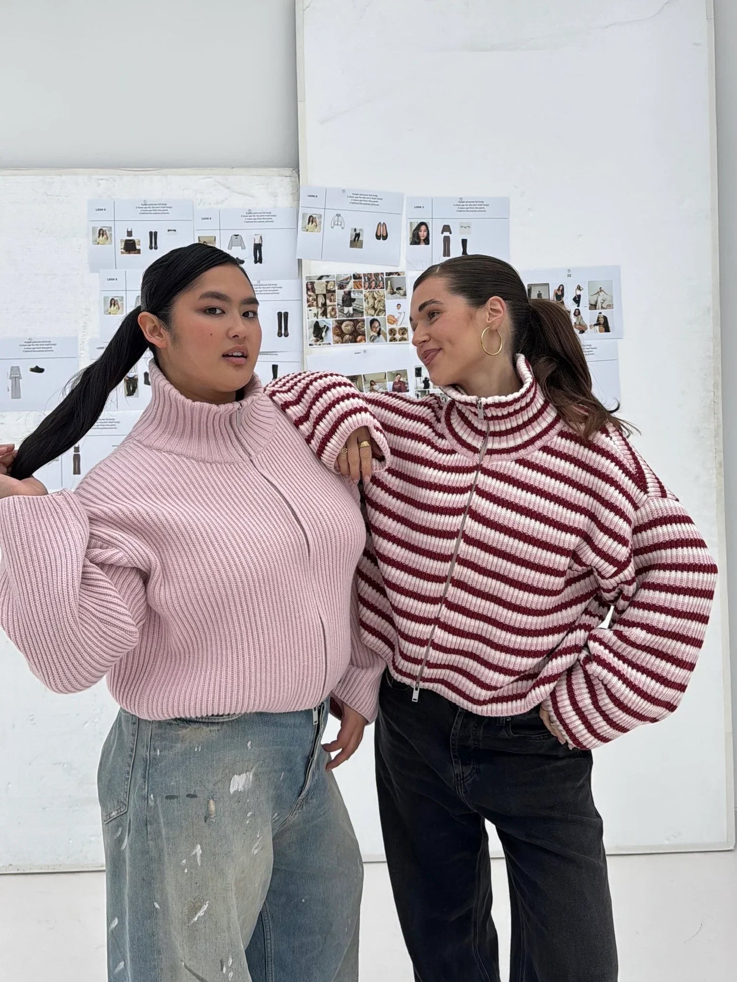 Women's Striped Knit Funnel Neck Zip Jacket With Pockets