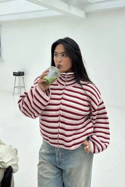 Women's Striped Knit Funnel Neck Zip Jacket With Pockets