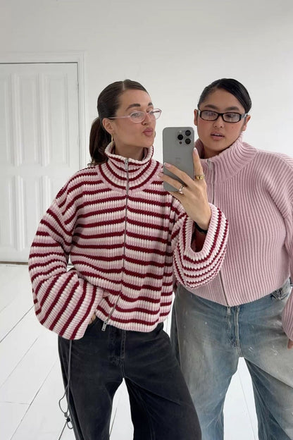 Women's Striped Knit Funnel Neck Zip Jacket With Pockets