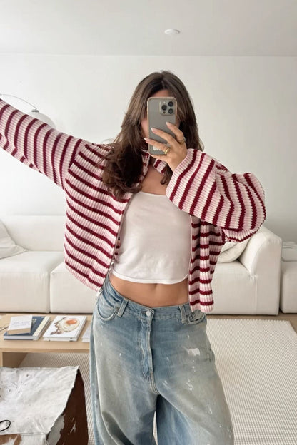 Women's Striped Knit Funnel Neck Zip Jacket With Pockets