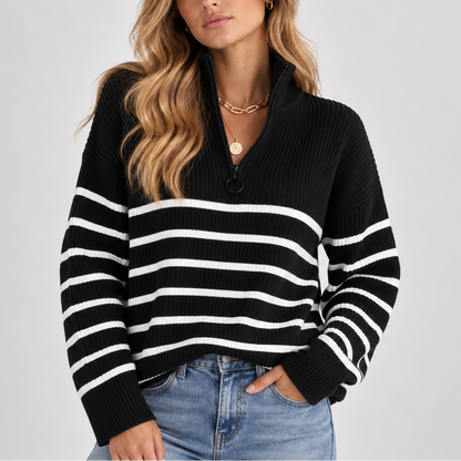 Women's Striped Quarter Zip Knit Jumper in a Relaxed Fit