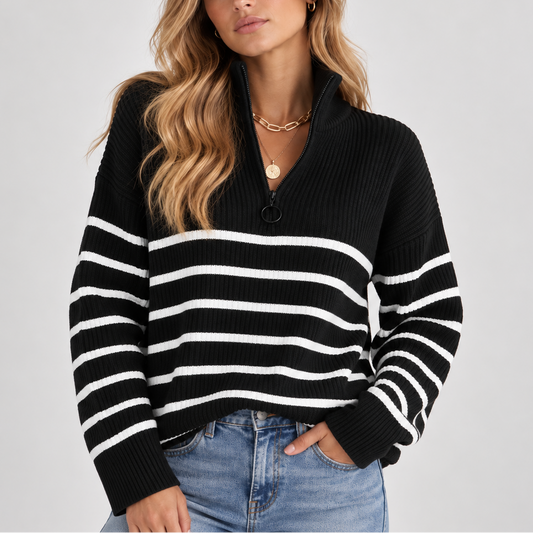 Women's Striped Quarter Zip Knit Jumper in a Relaxed Fit