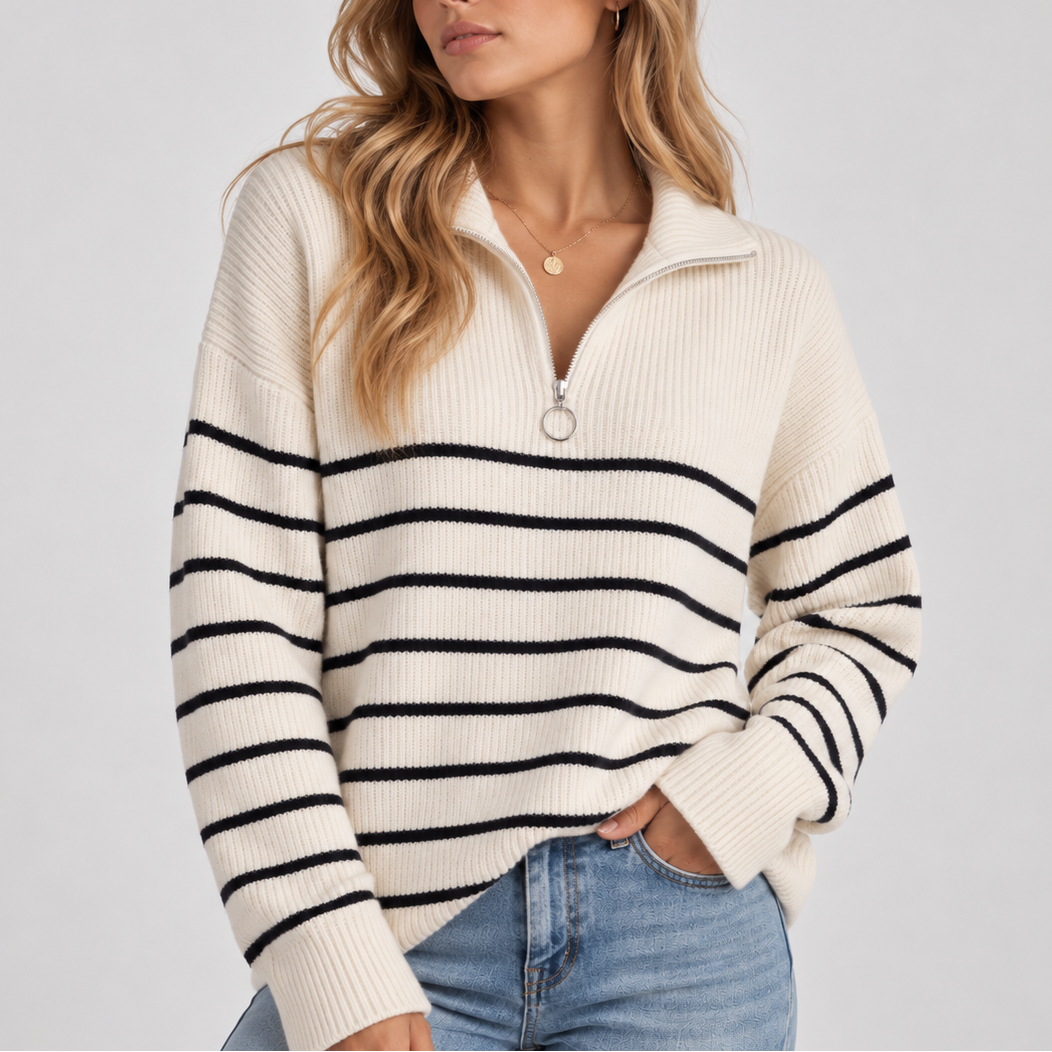 Women's Striped Quarter Zip Knit Jumper in a Relaxed Fit