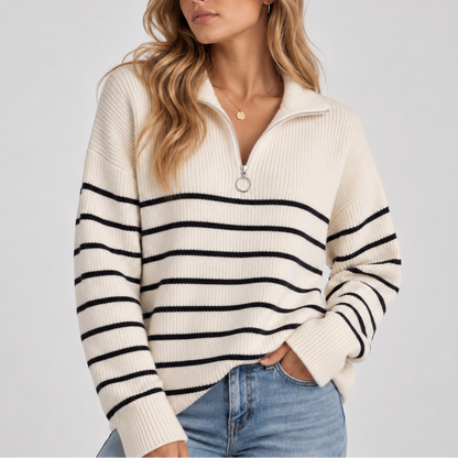 Women's Striped Quarter Zip Knit Jumper in a Relaxed Fit