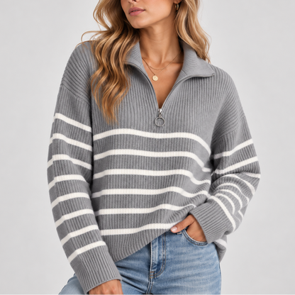 Women's Striped Quarter Zip Knit Jumper in a Relaxed Fit