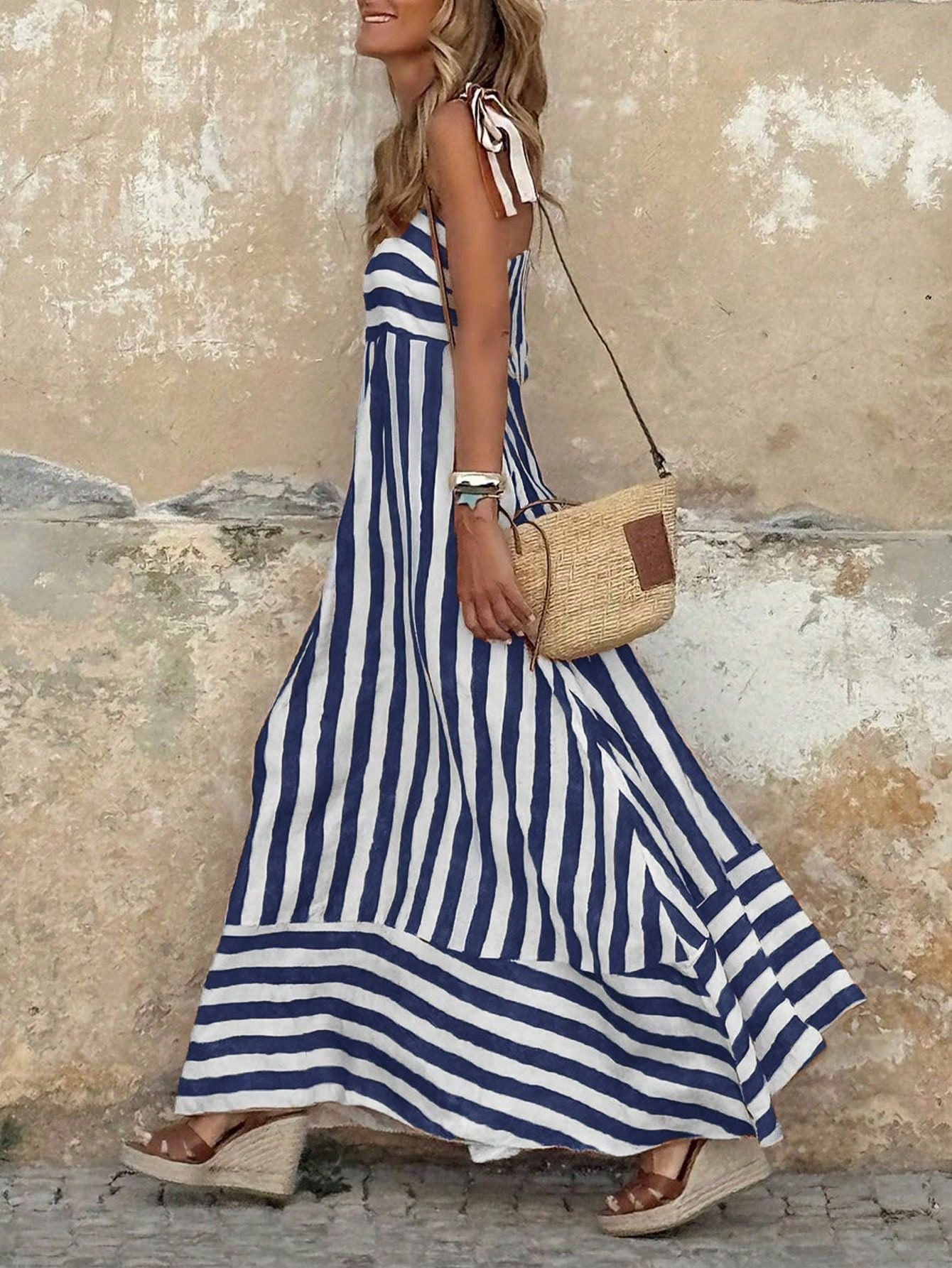 Women's Striped Tie Strap Maxi Dress