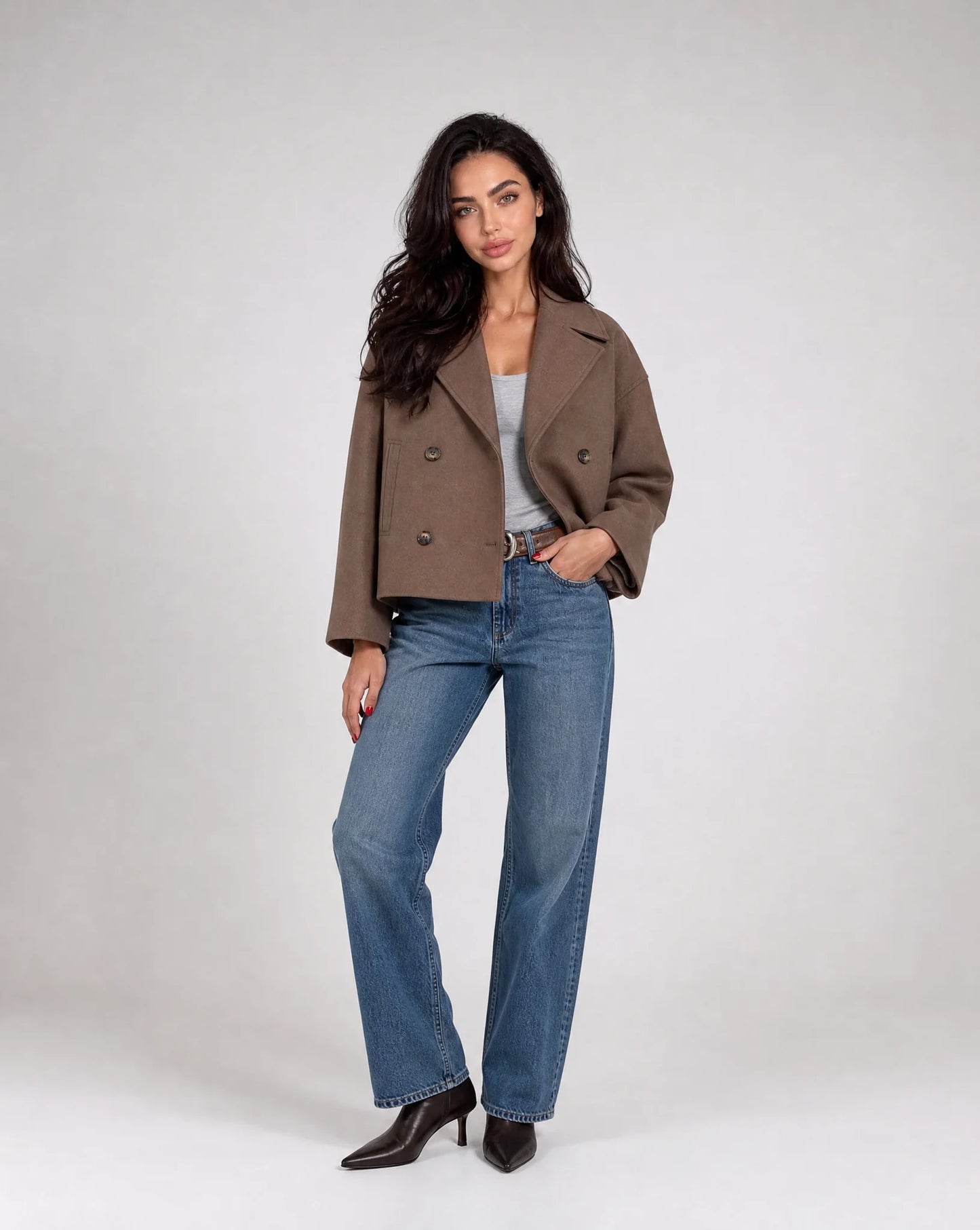 Brown structured cropped blazer back view with tailored fit and timeless wardrobe appeal by ILYNORA