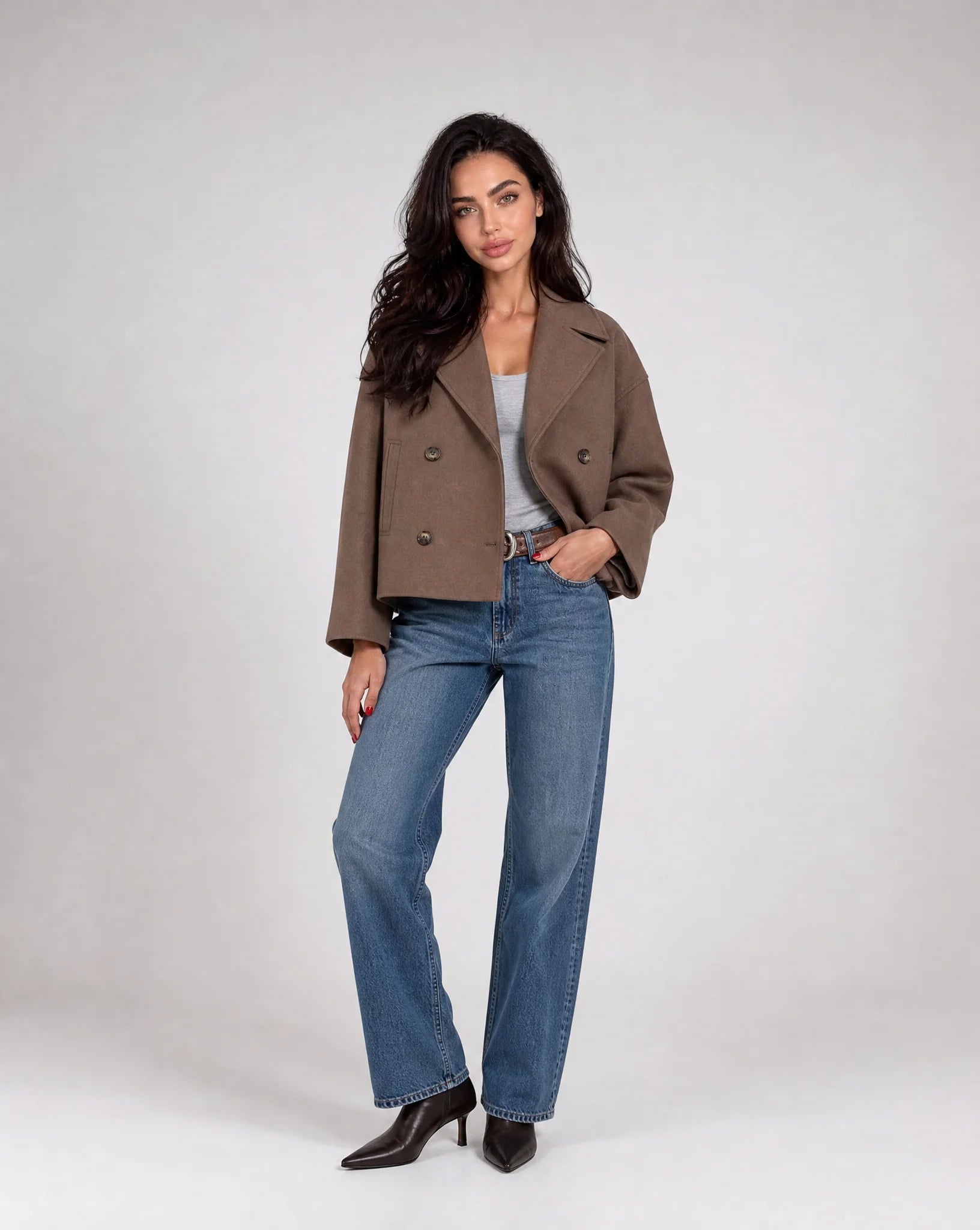 Brown structured cropped blazer back view with tailored fit and timeless wardrobe appeal by ILYNORA