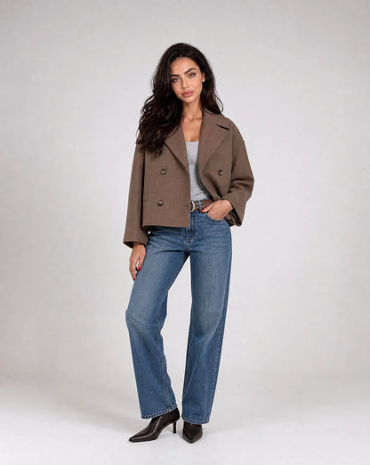 Brown structured cropped blazer back view with tailored fit and timeless wardrobe appeal by ILYNORA