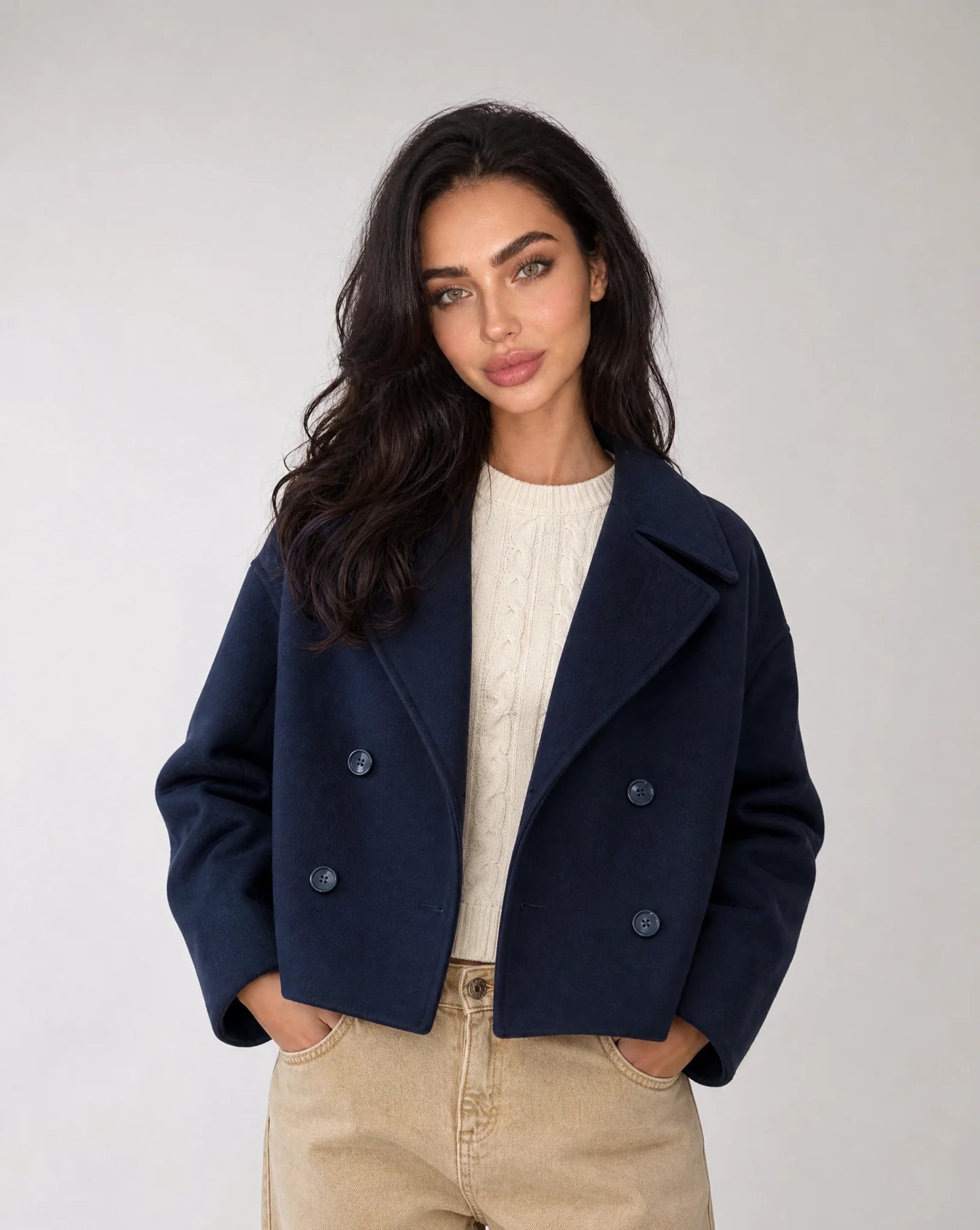 Navy structured cropped blazer with elegant tailored fit and versatile everyday styling by ILYNORAILYNORA