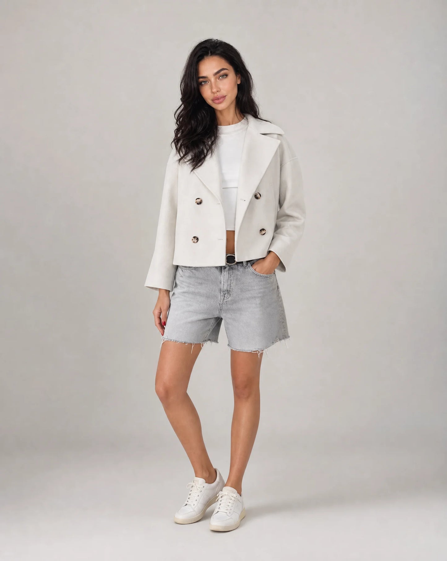 White structured cropped blazer back view with refined fit and modern everyday styling by ILYNORA
