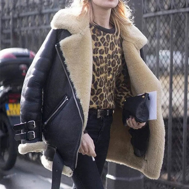 Women's Suede Jacket with Shearling Lining & Buckle Straps