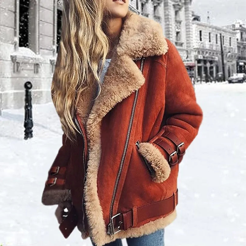 Women's Suede Jacket with Shearling Lining & Buckle Straps