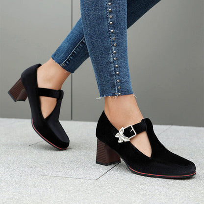 Women's Suede Mary Jane Shoes with Block Heel and Buckle Strap