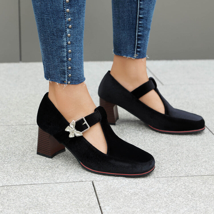 Women's Suede Mary Jane Shoes with Block Heel and Buckle Strap