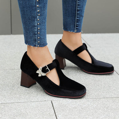 Women's Suede Mary Jane Shoes with Block Heel and Buckle Strap