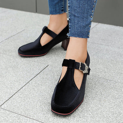 Women's Suede Mary Jane Shoes with Block Heel and Buckle Strap
