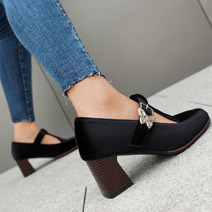 Women's Suede Mary Jane Shoes with Block Heel and Buckle Strap