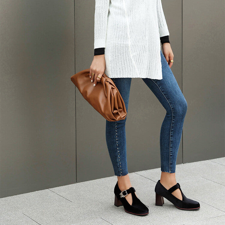 Women's Suede Mary Jane Shoes with Block Heel and Buckle Strap