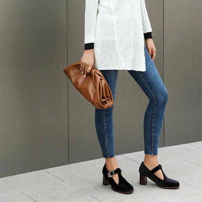 Women's Suede Mary Jane Shoes with Block Heel and Buckle Strap