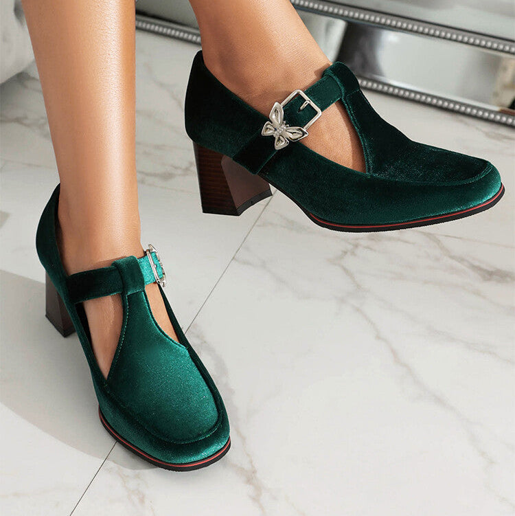 Women's Suede Mary Jane Shoes with Block Heel and Buckle Strap