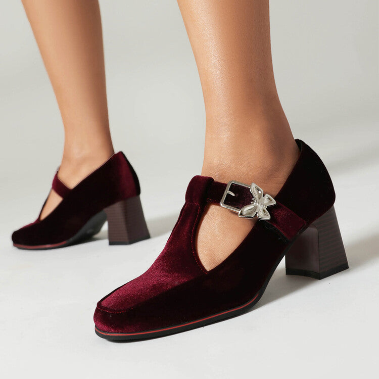 Women's Suede Mary Jane Shoes with Block Heel and Buckle Strap