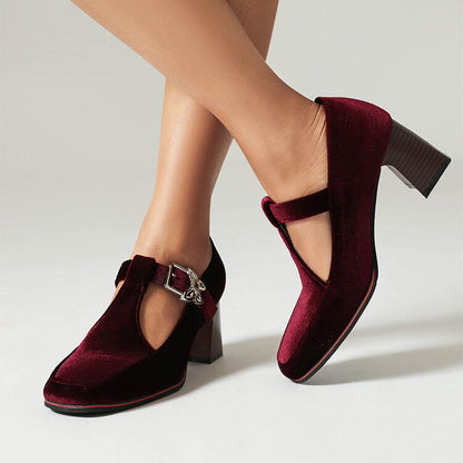 Women's Suede Mary Jane Shoes with Block Heel and Buckle Strap