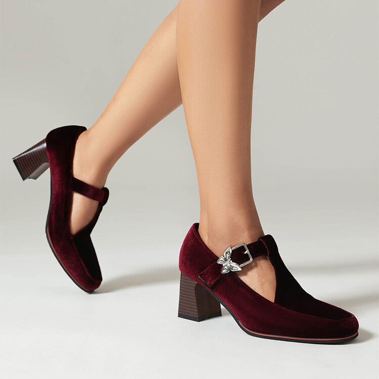 Women's Suede Mary Jane Shoes with Block Heel and Buckle Strap