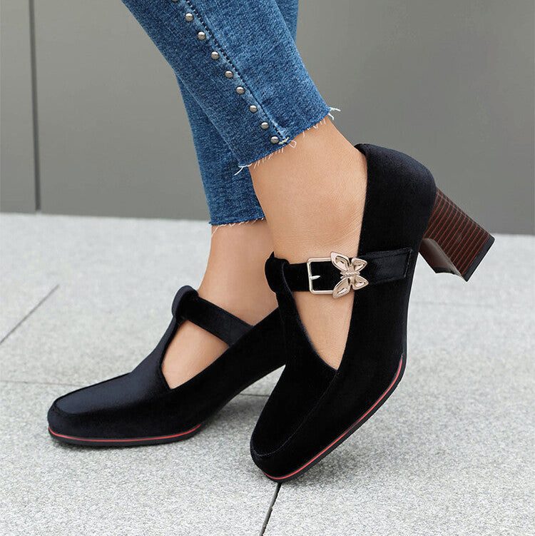 Women's Suede Mary Jane Shoes with Block Heel and Buckle Strap