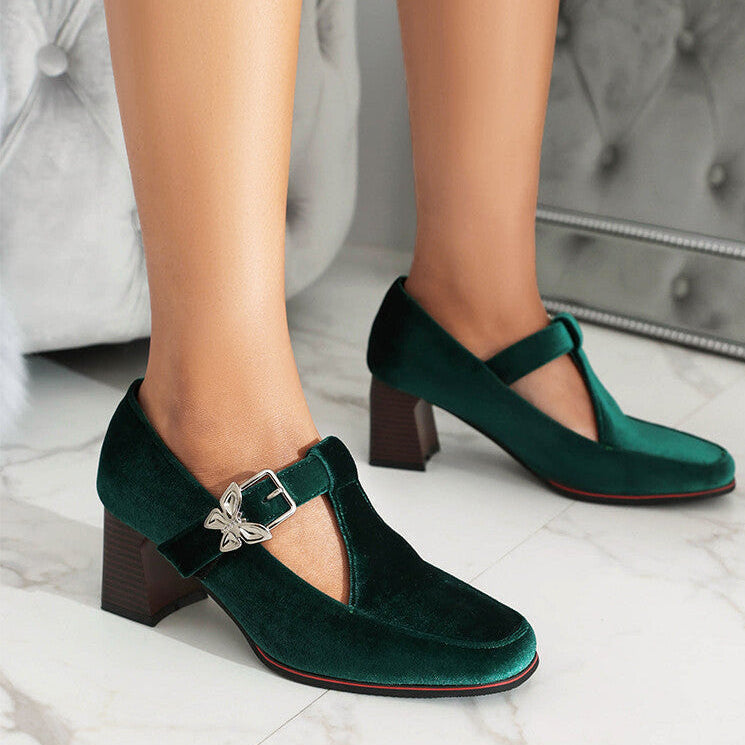 Women's Suede Mary Jane Shoes with Block Heel and Buckle Strap