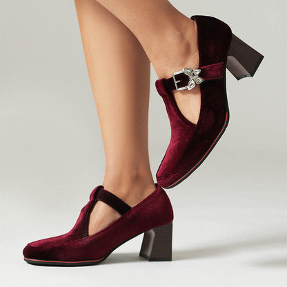 Women's Suede Mary Jane Shoes with Block Heel and Buckle Strap