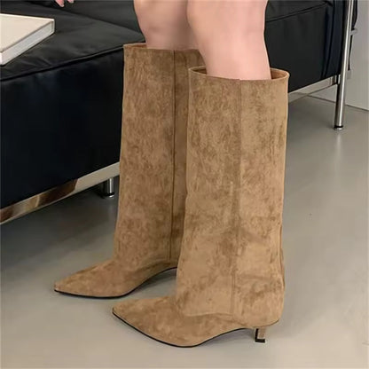 Women's Suede Pointed Toe Kitten Heel Knee Boots