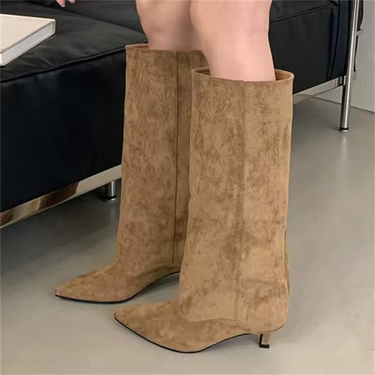 Women's Suede Pointed Toe Kitten Heel Knee Boots
