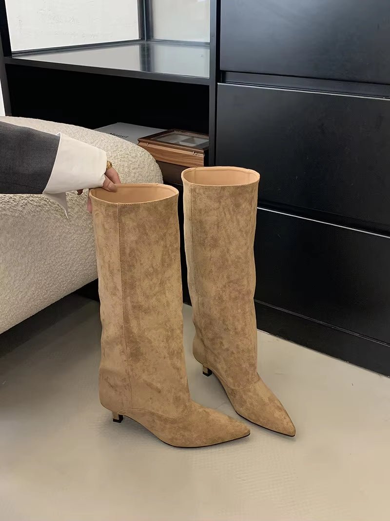 Women's Suede Pointed Toe Kitten Heel Knee Boots