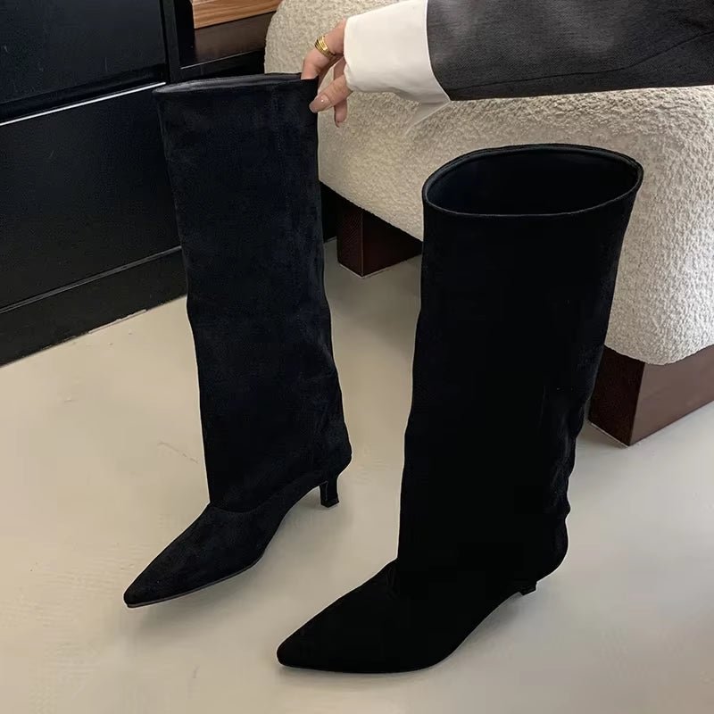 Women's Suede Pointed Toe Kitten Heel Knee Boots
