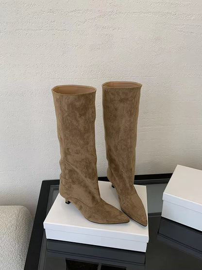 Women's Suede Pointed Toe Kitten Heel Knee Boots
