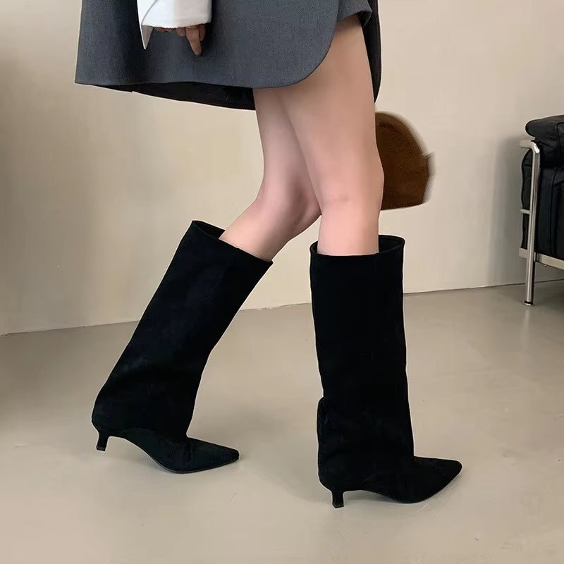 Women's Suede Pointed Toe Kitten Heel Knee Boots