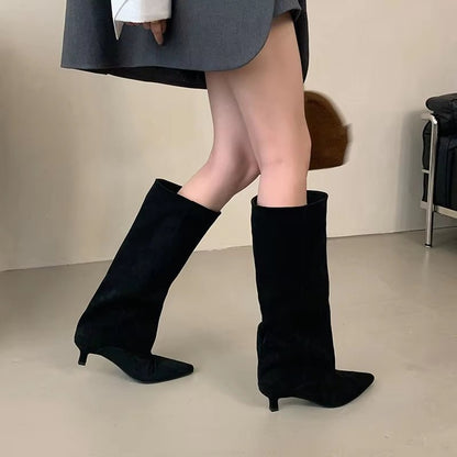 Women's Suede Pointed Toe Kitten Heel Knee Boots