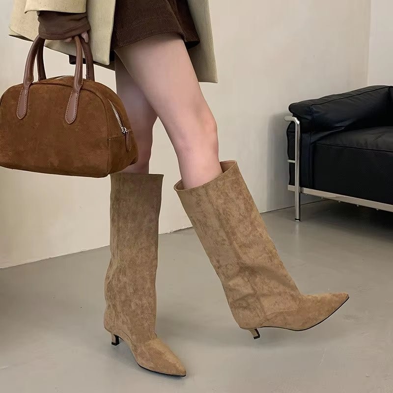 Women's Suede Pointed Toe Kitten Heel Knee Boots
