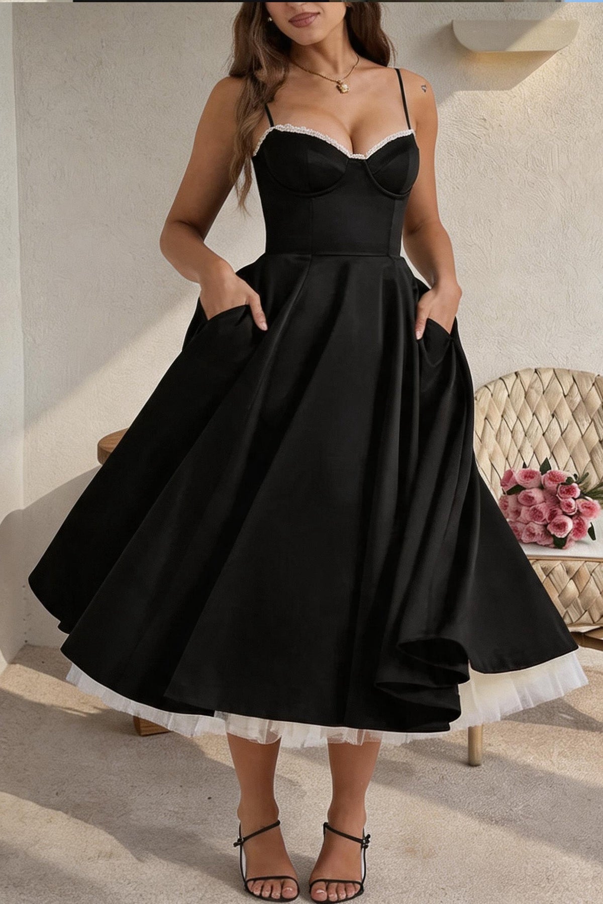 Women's Sweetheart A Line Midi Dress with Pockets