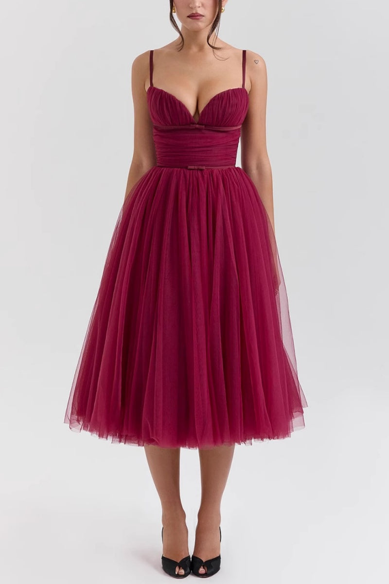 Women's Sweetheart Pleated Tulle Midi Dress