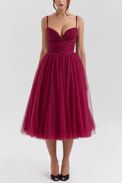 Women's Sweetheart Pleated Tulle Midi Dress