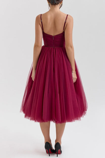 Women's Sweetheart Pleated Tulle Midi Dress