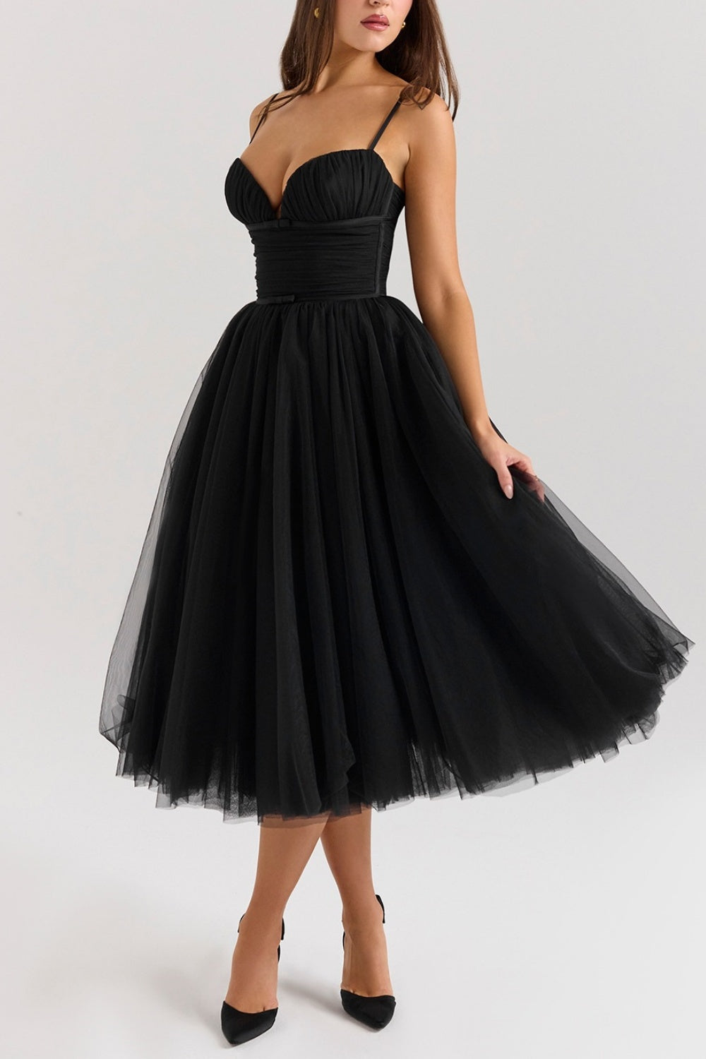 Women's Sweetheart Pleated Tulle Midi Dress
