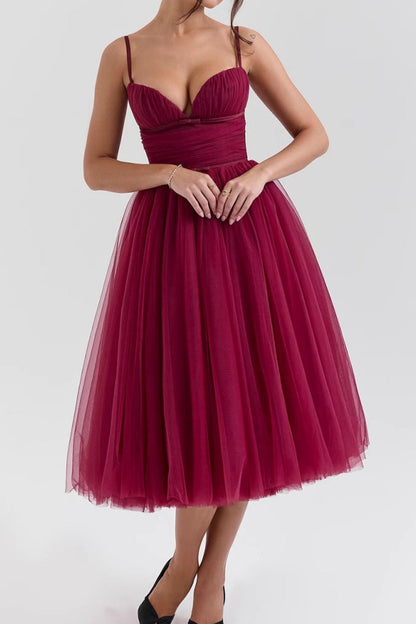 Women's Sweetheart Pleated Tulle Midi Dress