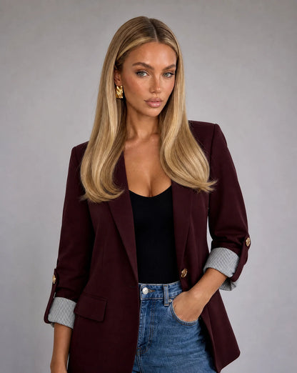 Women's burgundy tailored longline blazer with structured fit and elegant detailing by ILYNORA