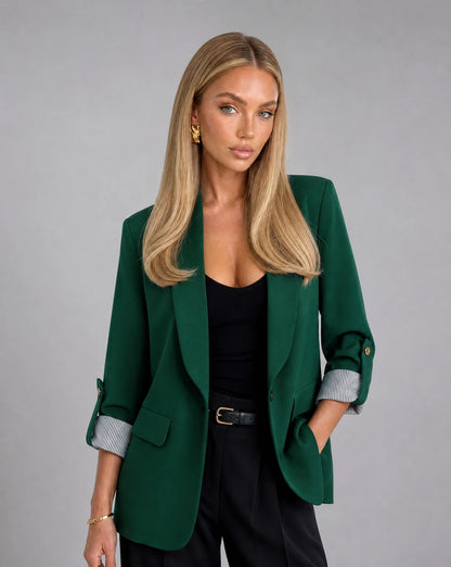 Women's dark green tailored longline blazer with structured silhouette by ILYNORA
